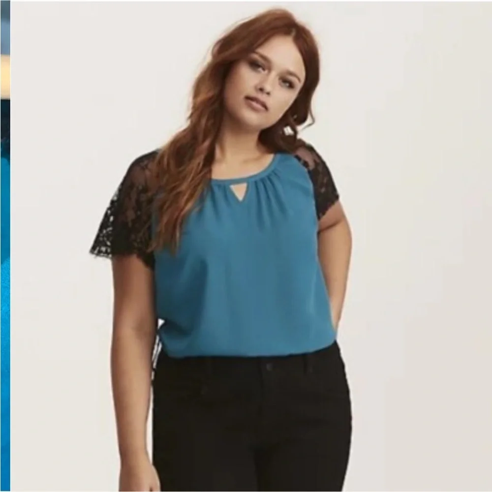 Torrid Turquoise Georgette Lace Sleeve Blouse - Picture 6 of 6